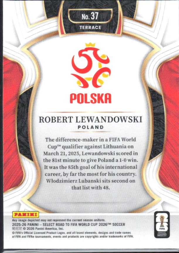 Robert Lewandowski – 2025-26 Panini Select Road to FIFA World Cup #37 Terrace – baksida