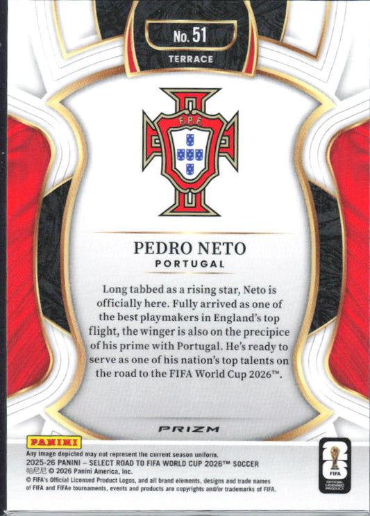 Pedro Neto – 2025-26 Panini Select Road to FIFA World Cup #51 Terrace Red Pandora Prizm – baksida