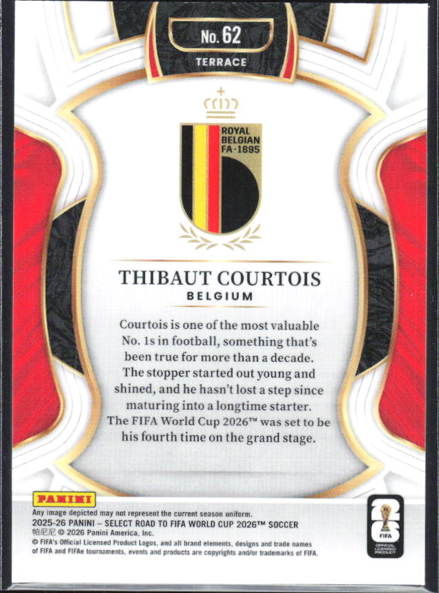 Thibaut Courtois – 2025-26 Panini Select Road to FIFA World Cup #62 Terrace – baksida