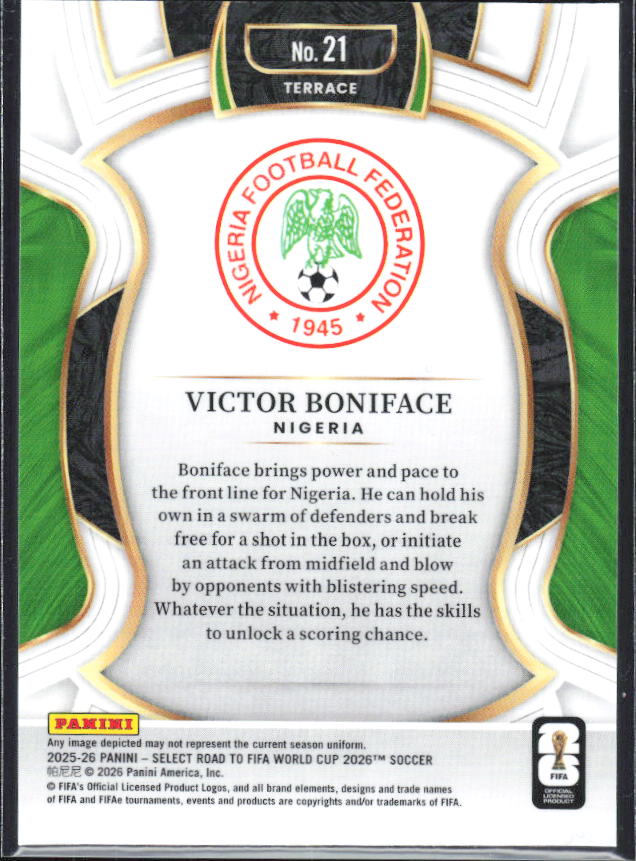 Victor Boniface – 2025-26 Panini Select Road to FIFA World Cup #21 Terrace – baksida