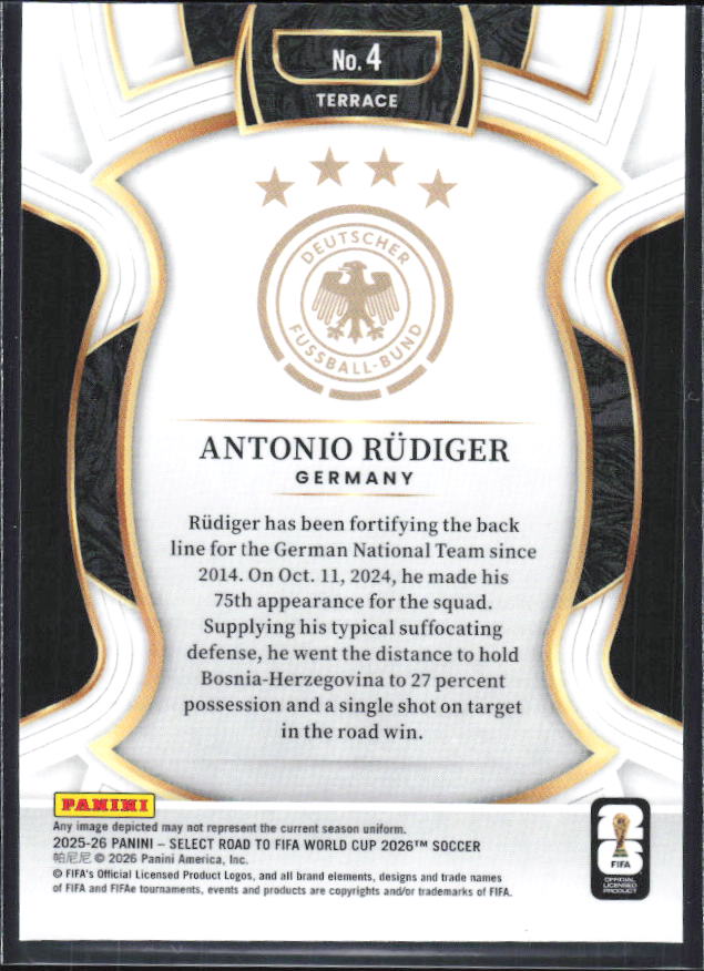 Antonio Rüdiger – 2025-26 Panini Select Road to FIFA World Cup #4 Terrace – baksida