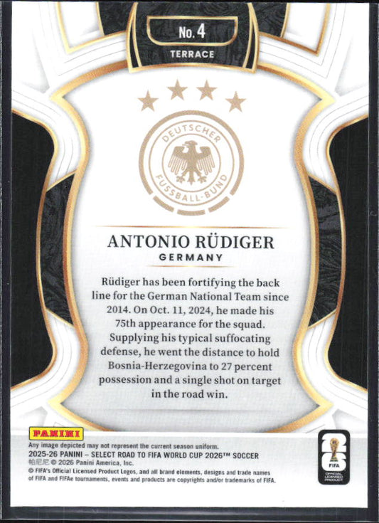 Antonio Rüdiger – 2025-26 Panini Select Road to FIFA World Cup #4 Terrace – baksida