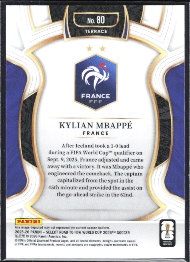 Kylian Mbappé – 2025-26 Panini Select Road to FIFA World Cup #80 Terrace – baksida