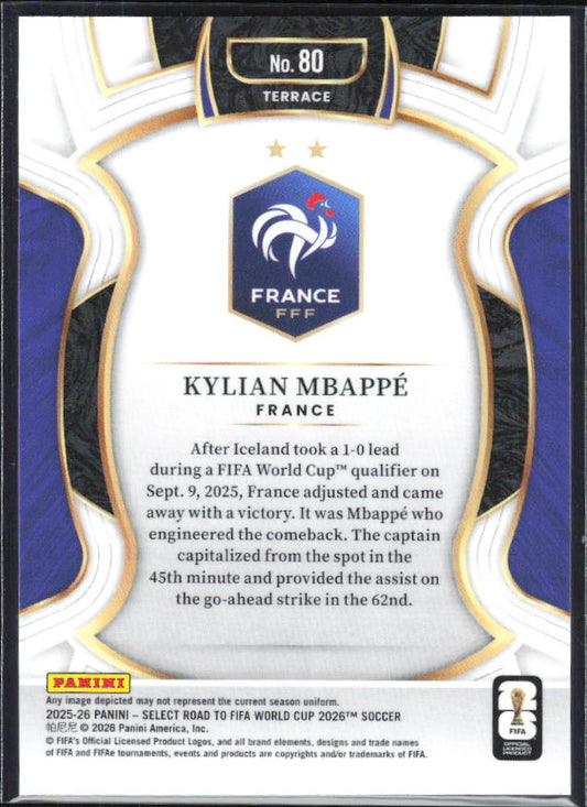 Kylian Mbappé – 2025-26 Panini Select Road to FIFA World Cup #80 Terrace – baksida