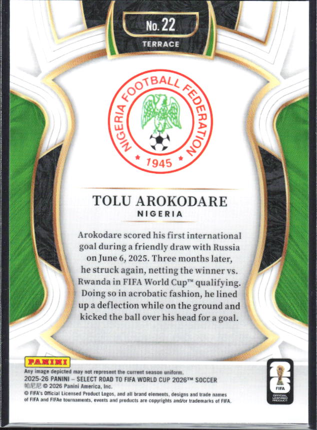 Tolu Arokodare – 2025-26 Panini Select Road to FIFA World Cup #22 Terrace RC – baksida