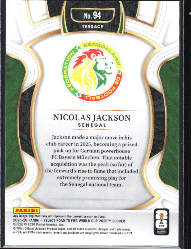 Nicolas Jackson – 2025-26 Panini Select Road to FIFA World Cup #94 Terrace – baksida