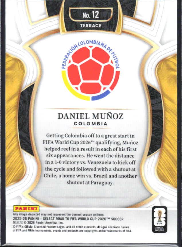 Daniel Muñoz – 2025-26 Panini Select Road to FIFA World Cup #12 Terrace – baksida