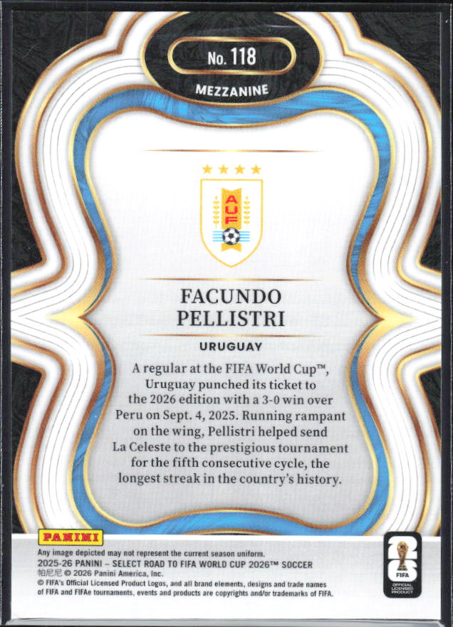 Facundo Pellistri – 2025-26 Panini Select Road to FIFA World Cup #118 Mezzanine – baksida