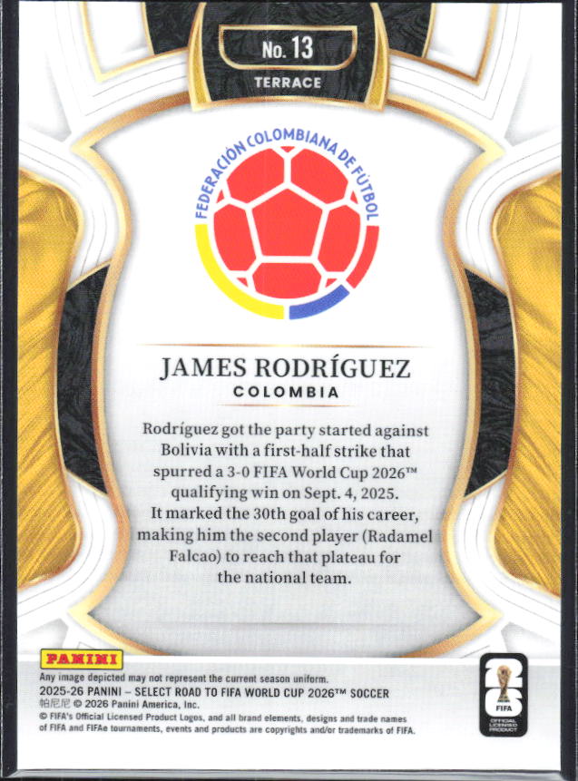 James Rodríguez – 2025-26 Panini Select Road to FIFA World Cup #13 Terrace – baksida