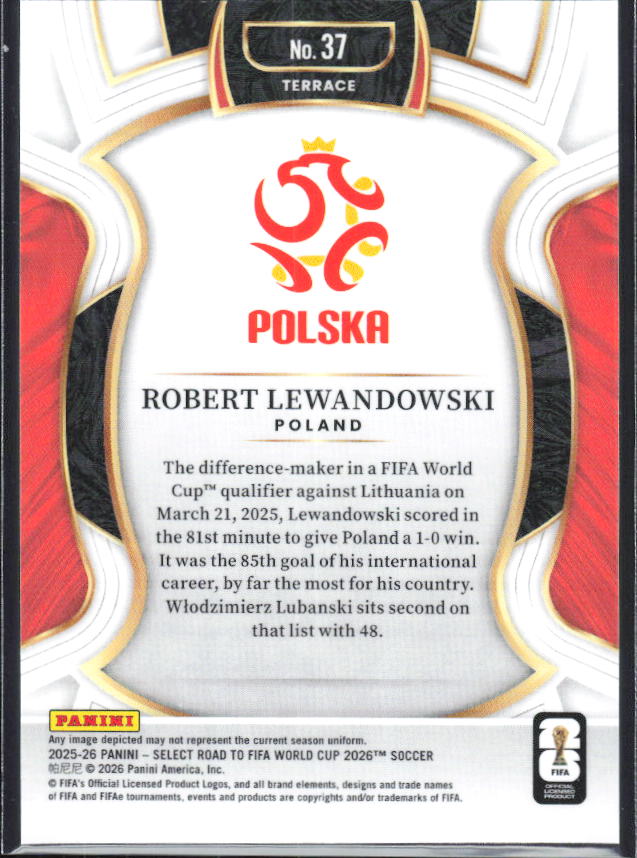 Robert Lewandowski – 2025-26 Panini Select Road to FIFA World Cup #37 Terrace – baksida