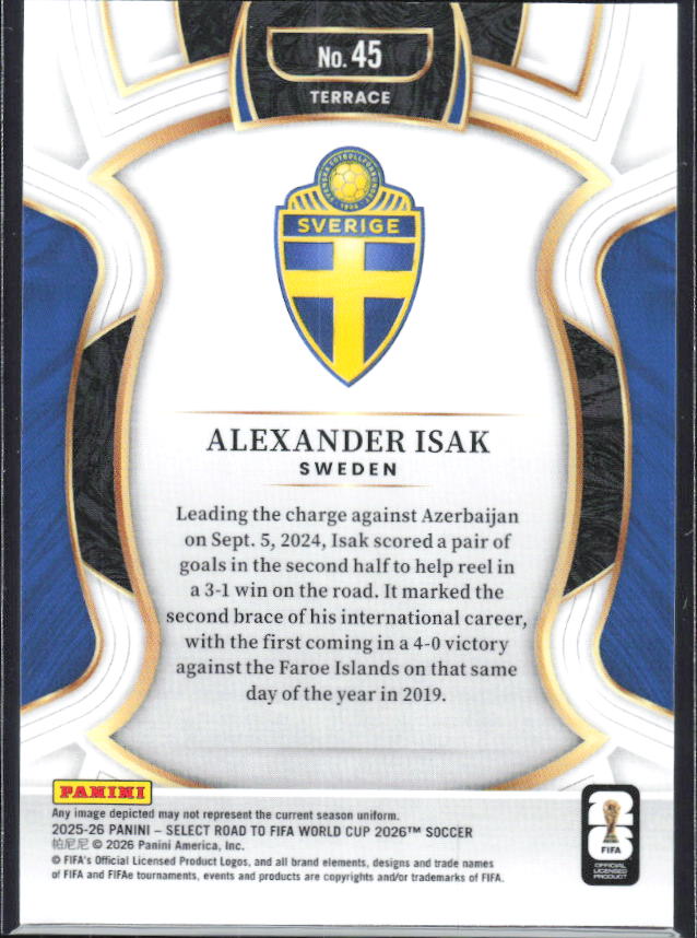 Alexander Isak – 2025-26 Panini Select Road to FIFA World Cup #45 Terrace – baksida