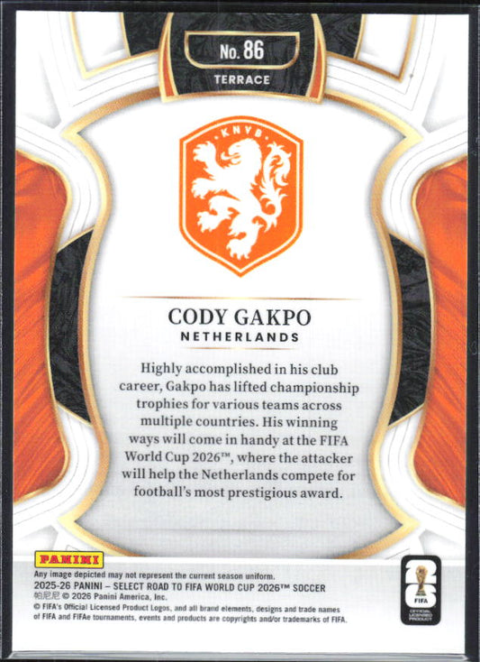 Cody Gakpo – 2025-26 Panini Select Road to FIFA World Cup #86 Terrace – baksida