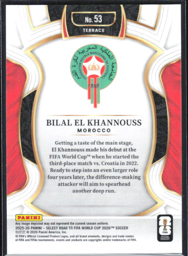 Bilal El Khannouss – 2025-26 Panini Select Road to FIFA World Cup #53 Terrace – baksida