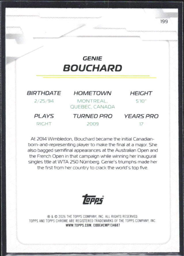 2026 Topps Chrome Tennis Genie Bouchard Geometric Refractor #199 – baksida