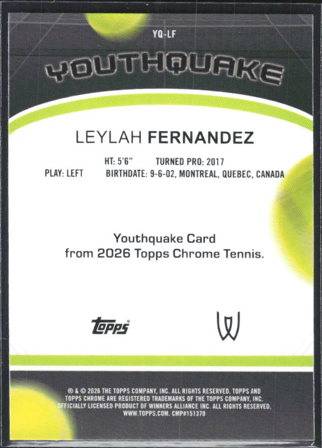 2026 Topps Chrome Tennis Leylah Fernandez Youthquake Geometric Refractor #YQ-LF – baksida