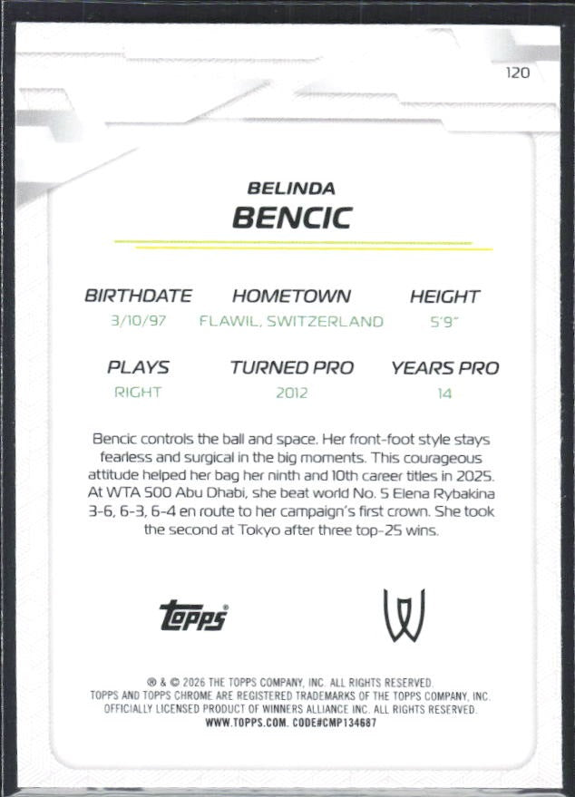2026 Topps Chrome Tennis Belinda Bencic Geometric Refractor #120 – baksida