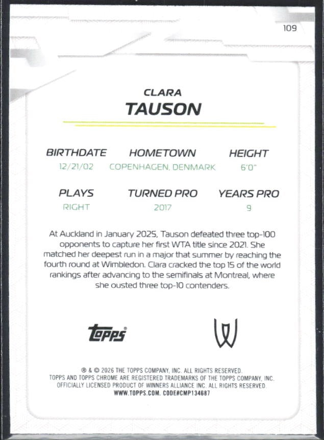 2026 Topps Chrome Tennis Clara Tauson Geometric Refractor #109 – baksida