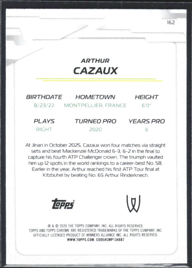 2026 Topps Chrome Tennis Arthur Cazaux Geometric Refractor #162 – baksida
