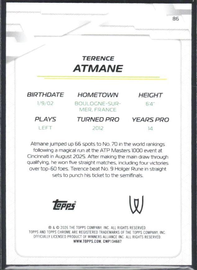 2026 Topps Chrome Tennis Terence Atmane Gold Geometric Refractor 48/50 #86 – baksida