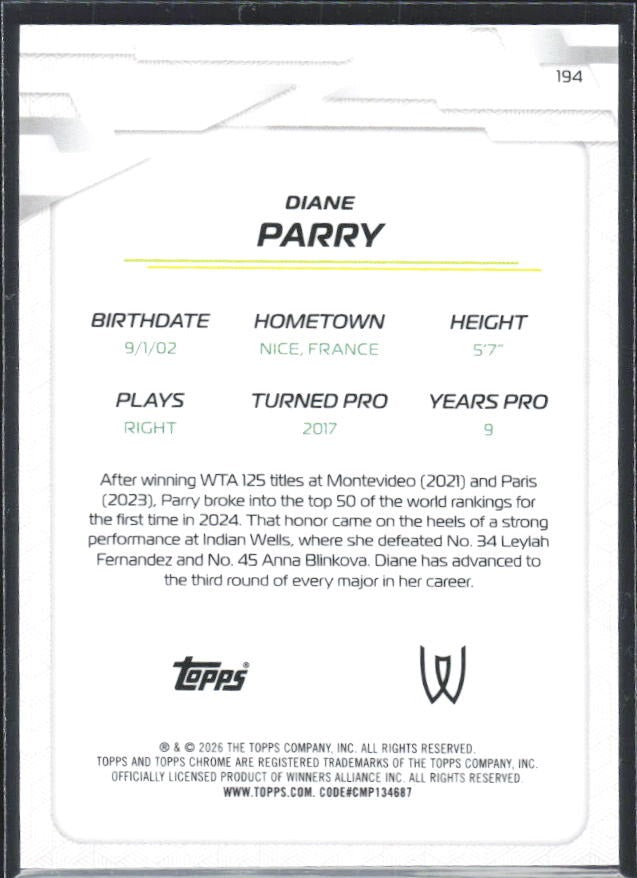 2026 Topps Chrome Tennis Diane Parry Aqua Geometric Refractor 163/199 #194 – baksida