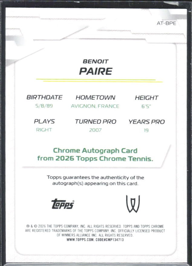 2026 Topps Chrome Tennis Benoit Paire Auto Geometric Refractor #AT-BPE – baksida