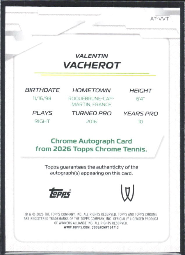 2026 Topps Chrome Tennis Valentin Vacherot Auto Green Refractor 41/99 #AT-VVT – baksida