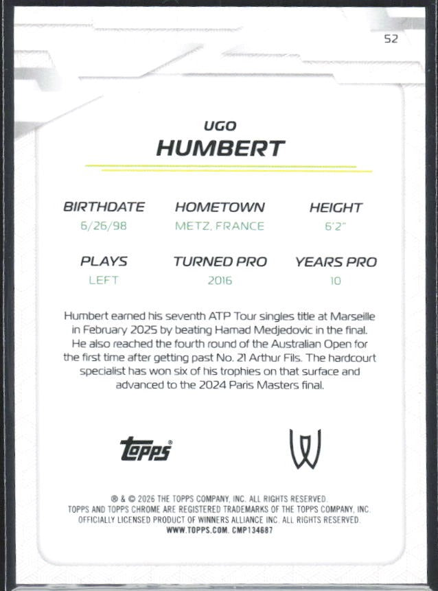 2026 Topps Chrome Tennis Ugo Humbert Blue Geometric Refractor 101/150 #52 – baksida