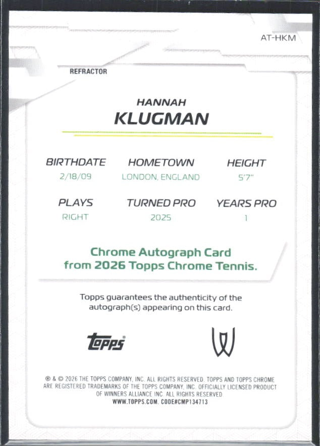 2026 Topps Chrome Tennis Hannah Klugman RC Auto Refractor #AT-HKM – baksida
