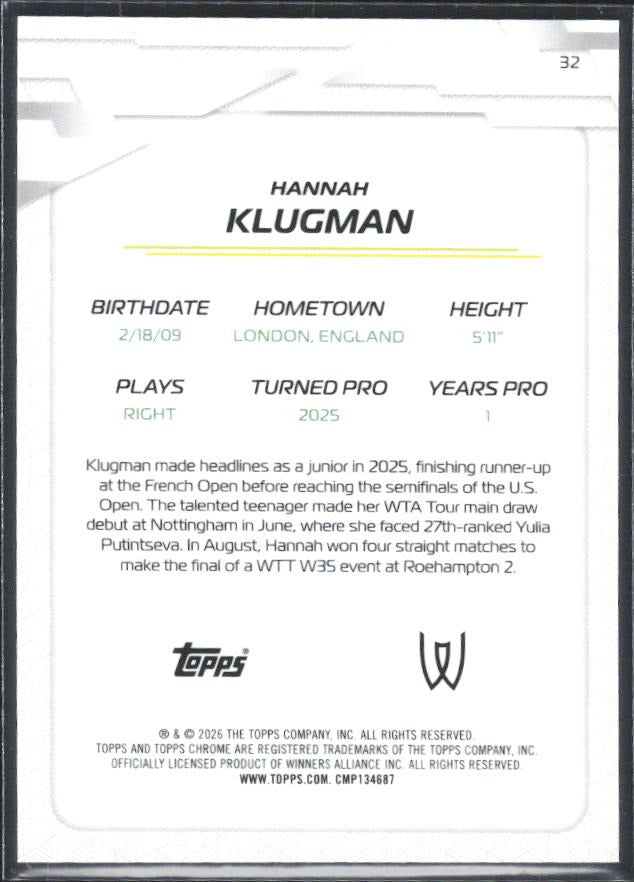 2026 Topps Chrome Tennis Hannah Klugman RC Purple Geometric Refractor 21/75 #32 – baksida