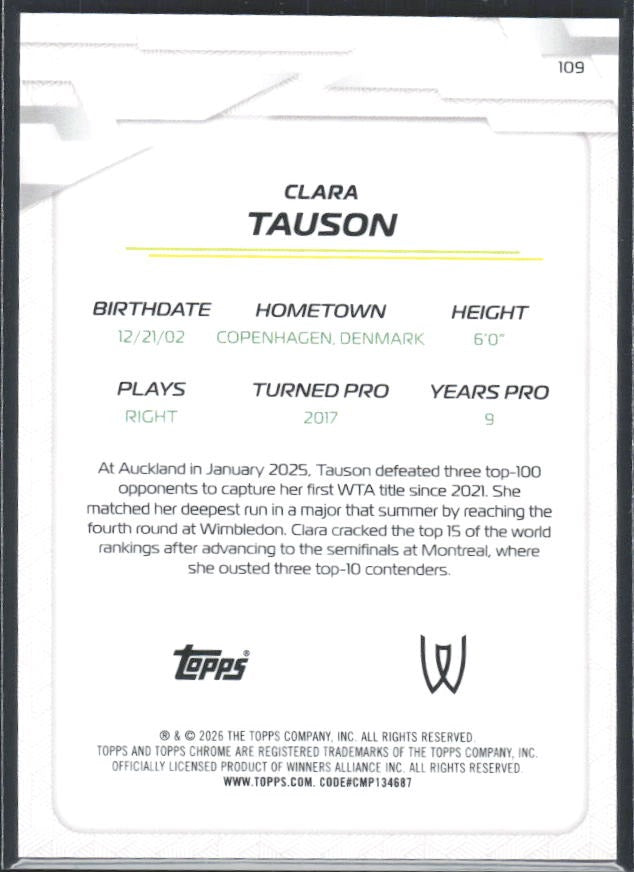 2026 Topps Chrome Tennis Clara Tauson Blue Geometric Refractor 111/150 #109 – baksida