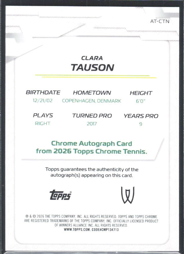 2026 Topps Chrome Tennis Clara Tauson Auto Geometric Refractor #AT-CTN – baksida