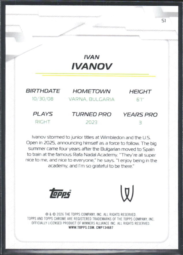 2026 Topps Chrome Tennis Ivan Ivanov RC Blue Geometric Refractor 060/150 #51 – baksida