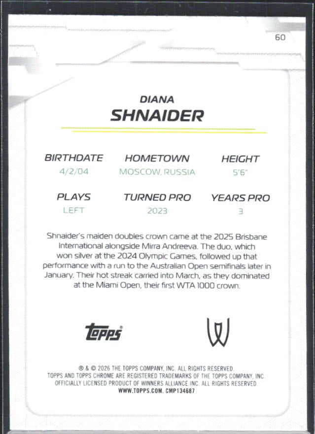 2026 Topps Chrome Tennis Diana Shnaider Geometric Refractor #60 – baksida