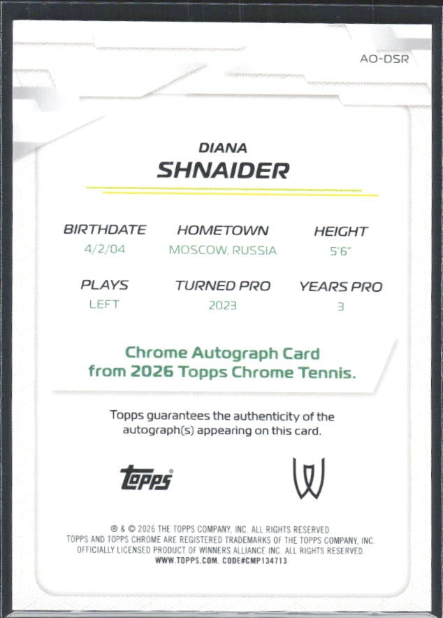 2026 Topps Chrome Tennis Diana Shnaider Auto Blue Geometric Refractor 150/150 #AO-DSR – baksida