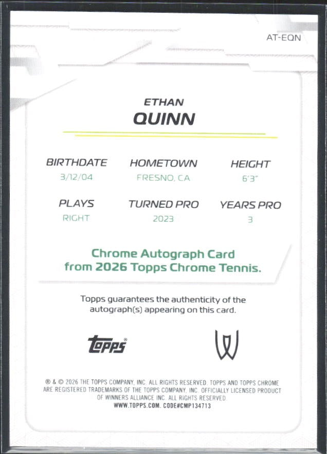 2026 Topps Chrome Tennis Ethan Quinn Auto Blue Refractor 037/150 #AT-EQN – baksida