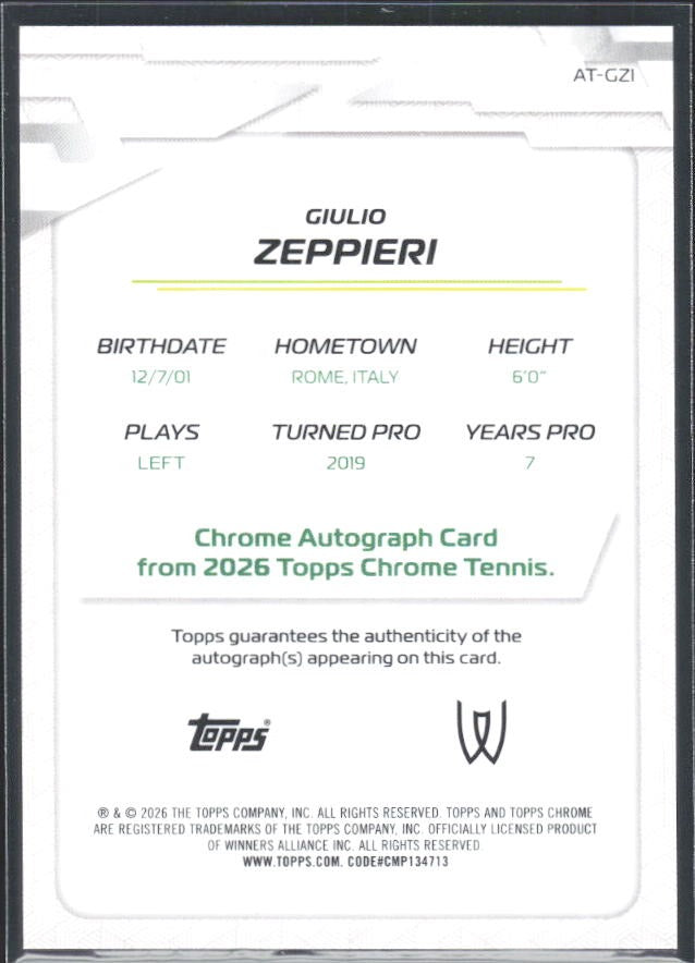 2026 Topps Chrome Tennis Giulio Zeppieri Auto Pink Refractor 191/250 #AT-GZI – baksida