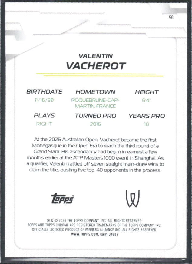 2026 Topps Chrome Tennis Valentin Vacherot Red Refractor 3/5 #91 – baksida