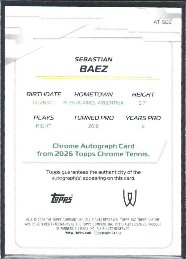 2026 Topps Chrome Tennis Sebastian Baez Auto Blue Geometric Refractor 143/150 #AT-SBZ – baksida