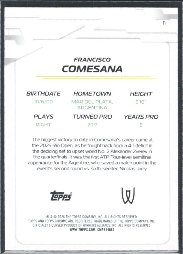2026 Topps Chrome Tennis Francisco Comesana RC Geometric Refractor #11 – baksida