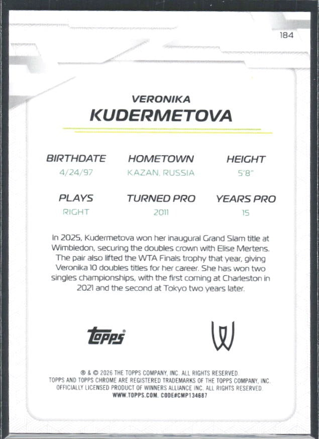2026 Topps Chrome Tennis Veronika Kudermetova Aqua Geometric Refractor 145/199 #184 – baksida