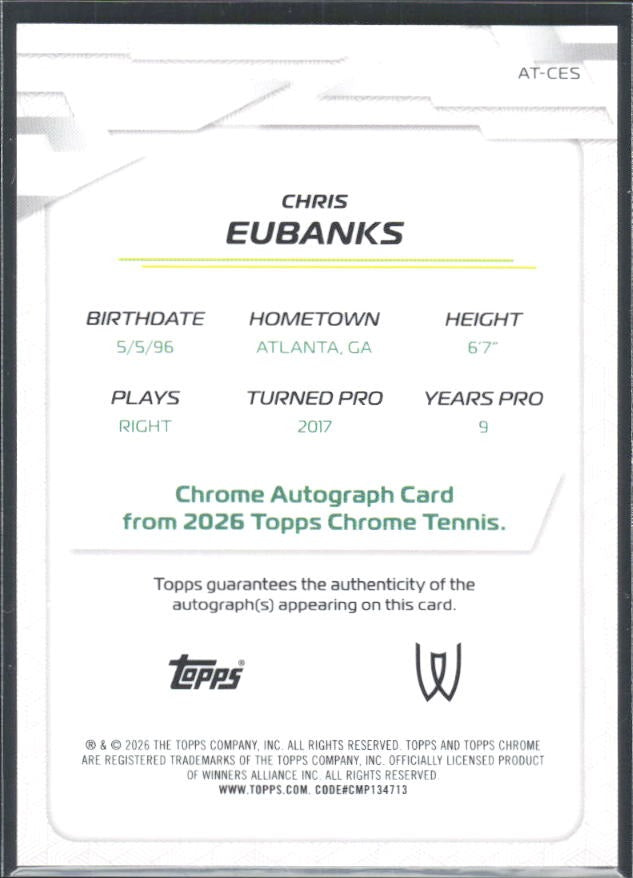 2026 Topps Chrome Tennis Chris Eubanks Auto Green Geometric Refractor 53/99 #AT-CES – baksida