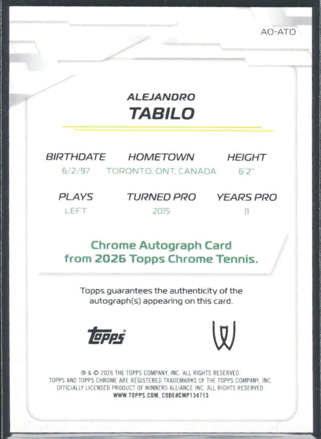 2026 Topps Chrome Tennis Alejandro Tabilo Auto Blue Geometric Refractor 107/150 #AO-ATO – baksida