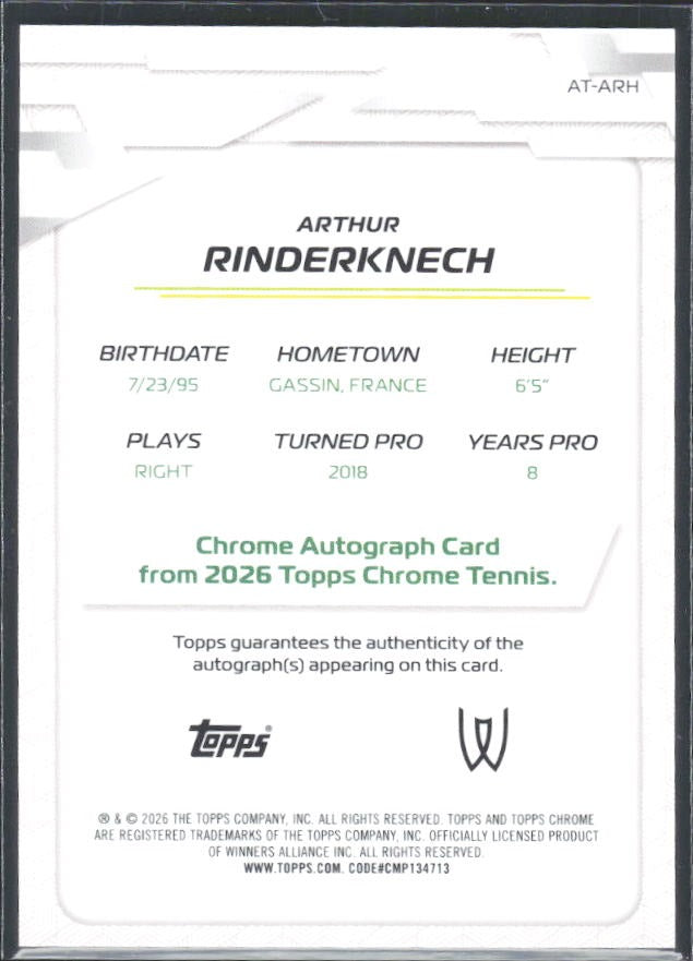 2026 Topps Chrome Tennis Arthur Rinderknech Auto Base #AT-ARH – baksida