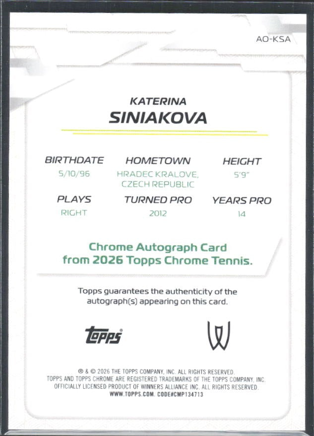 2026 Topps Chrome Tennis Katerina Siniakova Auto Green Geometric Refractor 66/99 #AO-KSA – baksida